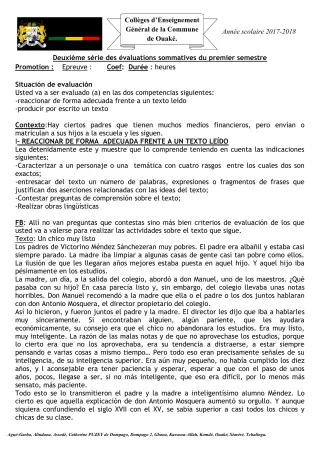 Première page de Espagnol 1ère A1 — 2e évaluation sommative, 1er semestre (2017-2018) · CEG C.P de Dompago