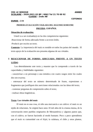 Première page de Espagnol 2nde A1, 2nde A2, 2nde B — 2020-2021 · CEG LE NOKOUE