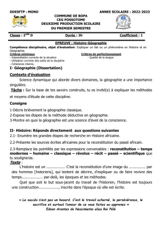 Première page de Histoire-Géographie 2nde D — 2e production scolaire, 1er semestre (2022-2023) · CEG POSSOTOME