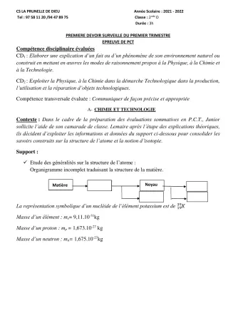 Première page de PCT 2nde D, 1ère D, Tle D — 1er devoir surveillé, 1er trimestre (2021-2022) · CEPG La Prunelle de Dieu