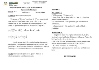 Première page de Mathématiques 2nde A2 — 2e devoir surveillé, 2e semestre (2022-2023) · CEG SEKERE