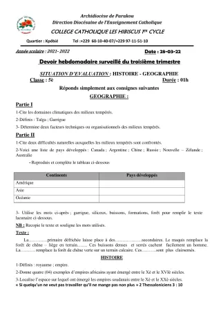 Première page de Histoire-Géographie 5e — 2e devoir surveillé, 3e trimestre (2021-2022) · Hibiscus 1er cycle