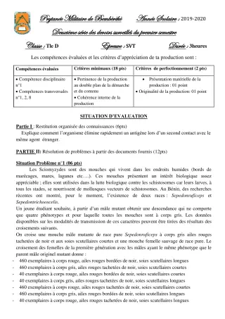 Première page de SVT Tle D — 2e devoir surveillé, 1er semestre (2019-2020) · PMB