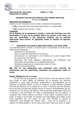 Première page de Espagnol 2nde B — 2019-2020 · CEG ADJOVICODJI 'LES OLIVIERS'