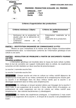 Première page de SVT 6e, 5e, 4e, 3e, 3e ML, 2nde A, 2nde D, 1ère A, 1ère D, Tle A, Tle D — 1re production scolaire, 1er semestre (2020-2021) · CEG Perma