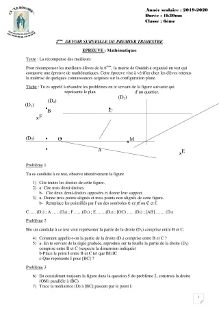 Première page de Mathématiques 6e — 2e devoir surveillé, 1er trimestre (2019-2020) · CPEG ROSAIRE