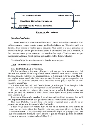 Première page de Français 3e — 2e évaluation sommative, 1er semestre (2022-2023) · CEG2 ABOMEY - CALAVI (CEG ZOCA)