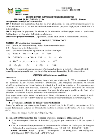 Première page de PCT 2nde D — 2e devoir surveillé, 1er semestre (2022-2023) · CEG SEKERE