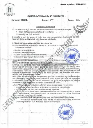 Première page de Espagnol 3e, 3e ML — Devoir surveillé (2020-2021) · CPEG ROSAIRE