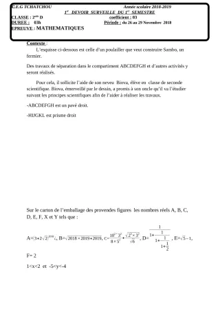 Première page de Mathématiques 2nde D — Devoir surveillé, 1er semestre (2018-2019) · CEG Tchatchou