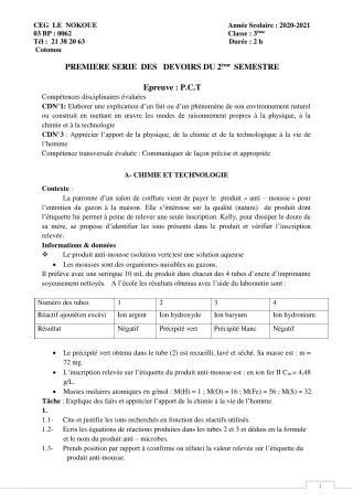 Première page de PCT 3e — 1er devoir surveillé, 2e semestre (2020-2021) · CEG LE NOKOUE