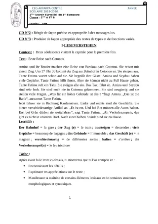 Première page de Allemand 2nde A1, 2nde A2, 2nde B — 2e devoir surveillé, 1er semestre (2019-2020) · CEG 1 Akpakpa-Centre