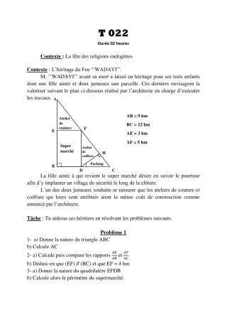 Première page de Devoir surveillé de MATHS GENE — 3e — CEG Ouinhi (2022)