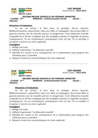 Première page de Français 4e — 2e devoir surveillé, 1er semestre (2023-2024) · CEG SEKERE