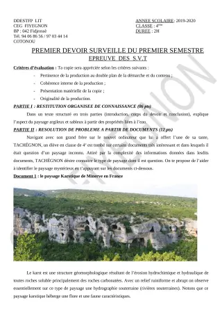 Première page de SVT 4e, 4e ML — 1er devoir surveillé, 1er semestre (2019-2020) · CEG FIYEGNON