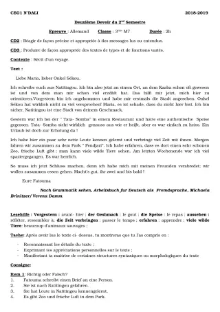 Première page de Allemand 3e ML — 2e devoir surveillé, 2e semestre (2018-2019) · CEG 1 N'Dali