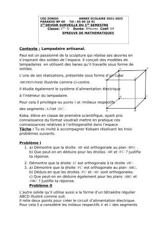 Première page de Mathématiques 1ère D — 1er devoir surveillé, 1er semestre (2021-2022) · CEG ZONGO