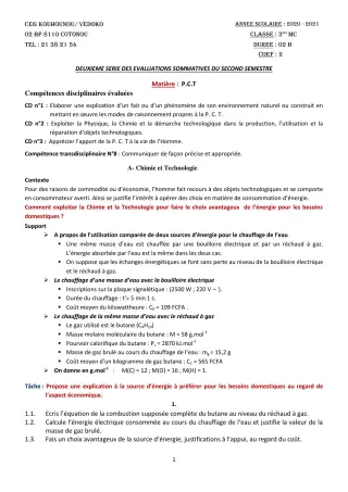 Première page de PCT 3e — 2e évaluation sommative, 2e semestre (2020-2021) · CEG Kouhounou-Vêdoko