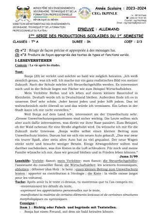 Première page de Français 4e, 3e, 2nde A, 1ère A, Tle A1, Tle A2 — 1re production scolaire, 1er semestre (2023-2024) · CEG1 Ikpinlè