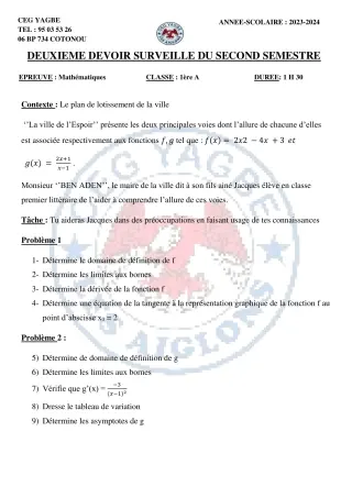 Première page de Mathématiques 1ère A2, 1ère B — 2e devoir surveillé, 2e semestre (2023-2024) · CEG Yagbe