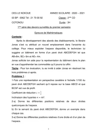 Première page de Mathématiques 2nde C, 2nde D — 1er devoir surveillé, 1er semestre (2020-2021) · CEG LE NOKOUE