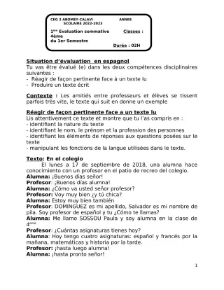 Première page de Espagnol 4e — 1re évaluation sommative, 1er semestre (2022-2023) · CEG2 ABOMEY - CALAVI (CEG ZOCA)