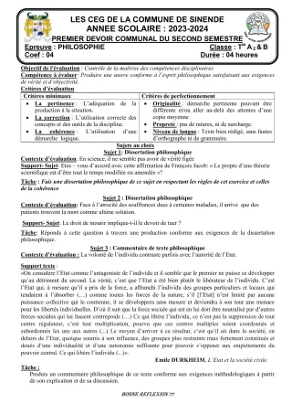 Première page de Philosophie Tle A2 — 1er devoir surveillé, 2e semestre (2023-2024) · CEG SEKERE