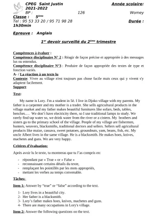 Première page de Anglais 5e, 1ère A1, 1ère A2, 1ère B, 1ère C, 1ère D — 1er devoir surveillé, 2e trimestre (2021-2022) · CPEG SAINT Justin