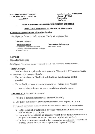 Première page de Histoire-Géographie 1ère C, 1ère D — Devoir surveillé (2020-2021) · CEG Kouhounou-Vêdoko
