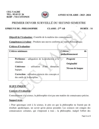 Première page de Philosophie 2nde A2 — 1er devoir surveillé, 2e semestre (2023-2024) · CEG Yagbe