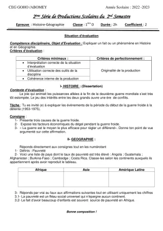 Première page de Histoire-Géographie 1ère D — 2e production scolaire, 2e semestre (2022-2023) · CEG GOHO