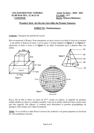 Première page de Mathématiques 6e — 1er devoir surveillé, 1er semestre (2020-2021) · CEG Kouhounou-Vêdoko