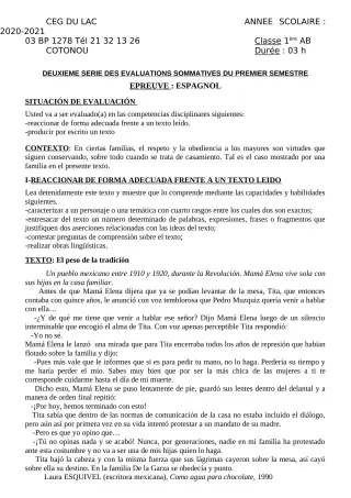 Première page de Espagnol 1ère A2, 1ère B — 2e évaluation sommative, 1er semestre (2020-2021) · CEG du Lac