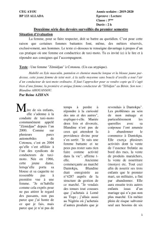 Première page de Français 3e, 3e ML — 2e devoir surveillé, 1er semestre (2019-2020) · CEG AYOU