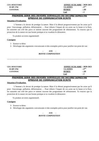 Première page de Français 4e — 1er devoir surveillé, 2e semestre (2020-2021) · CEG HOUEYIHO