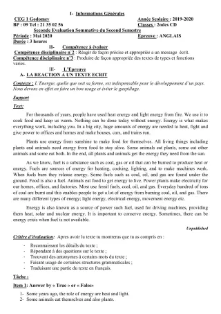 Première page de Anglais 2nde C, 2nde D — 2e évaluation sommative, 2e semestre (2019-2020) · CEG1 GODOMEY