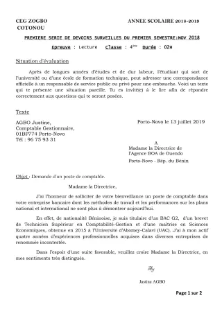 Première page de Français 4e, 4e ML — 1er devoir surveillé, 1er semestre (2019-2020) · CEG ZOGBO