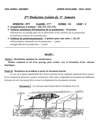 Première page de SVT 4e — 2e production scolaire, 1er semestre (2021-2022) · CEG GOHO