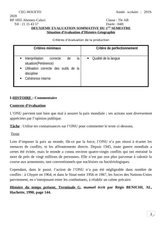 Première page de Histoire-Géographie Tle A1, Tle A2, Tle B — 2e évaluation sommative, 1er semestre (2019-2020) · CEG HOUETO