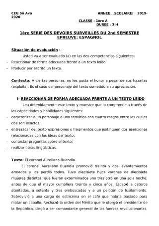 Première page de Espagnol 1ère A2, 1ère B, 1ère C, 1ère D — 1er devoir surveillé, 2e semestre (2019-2020) · CEG Sô-Ava