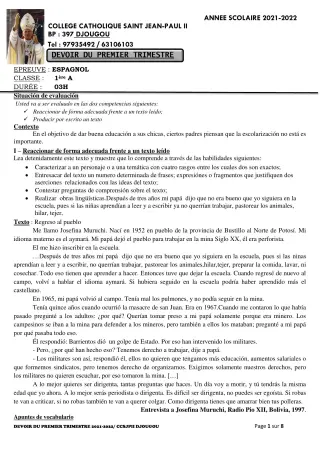 Première page de Espagnol 4e, 2nde A2, 1ère A2 — 3e devoir surveillé, 1er trimestre (2021-2022) · CCJPII DJOUGOU