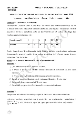 Première page de Mathématiques 2nde C — 1er devoir surveillé, 2e semestre (2018-2019) · CEG ZOGBO