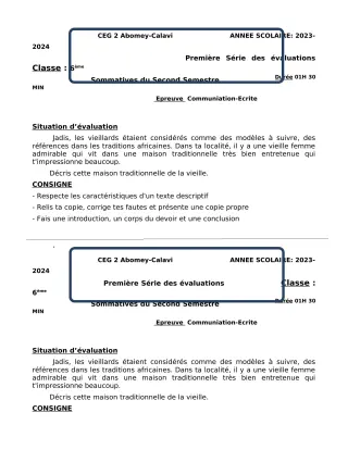 Première page de Français 6e — Devoir surveillé, 2e semestre (2023-2024) · CEG2 ABOMEY - CALAVI (CEG ZOCA)
