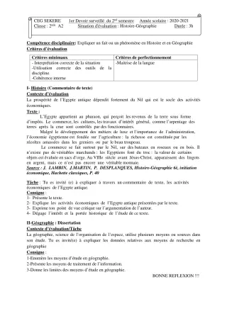 Première page de Histoire-Géographie 2nde A2 — 1er devoir surveillé, 2e semestre (2020-2021) · CEG SEKERE