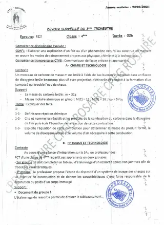 Première page de PCT 4e — Devoir surveillé, 3e trimestre (2020-2021) · CPEG ROSAIRE