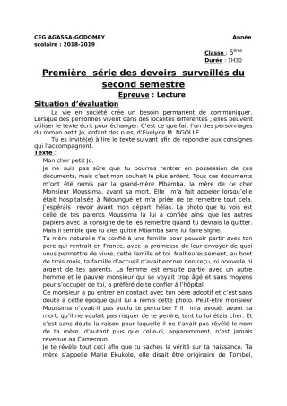 Première page de Français 5e, 4e, 4e ML, 3e, 3e ML, 2nde A & B, 2nde C, 2nde D, 1ère A, 1ère B, 1ère C, 1ère D — 1er devoir surveillé, 2e semestre (2018-2019) · CEG Agassa Godomey