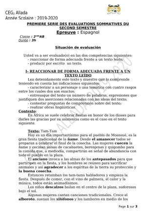 Première page de Espagnol 2nde A & B — 1re évaluation sommative, 2e semestre (2019-2020) · CEG 2 Allada