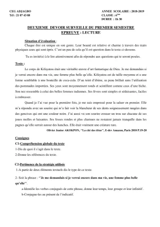 Première page de Français 6e — 2e devoir surveillé, 1er semestre (2018-2019) · CEG ADJAGBO