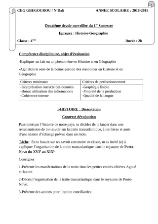 Première page de Histoire-Géographie 4e, 4e ML — 2e devoir surveillé, 1er semestre (2018-2019) · CEG Gbegourou