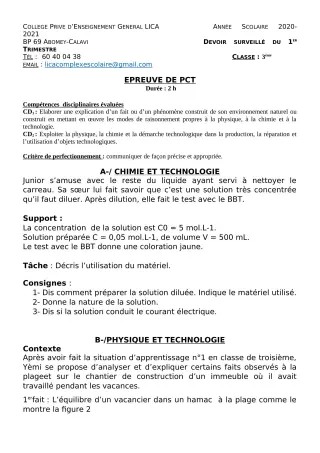 Première page de PCT 3e — Devoir surveillé, 1er trimestre (2020-2021) · CPEG LICA